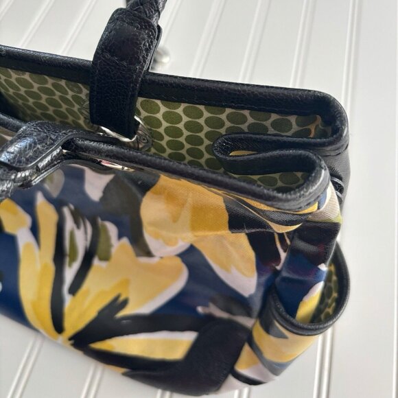 Brighton Coated Canvas Shoulder Bag Yellow & Blue Floral Blooms w/ Leather Trim - Picture 10 of 11